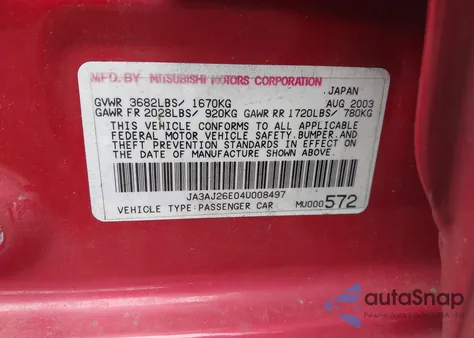 2004 Mitsubishi Lancer Es z USA, uszkodzony, nr VIN JA3AJ26E04U008497